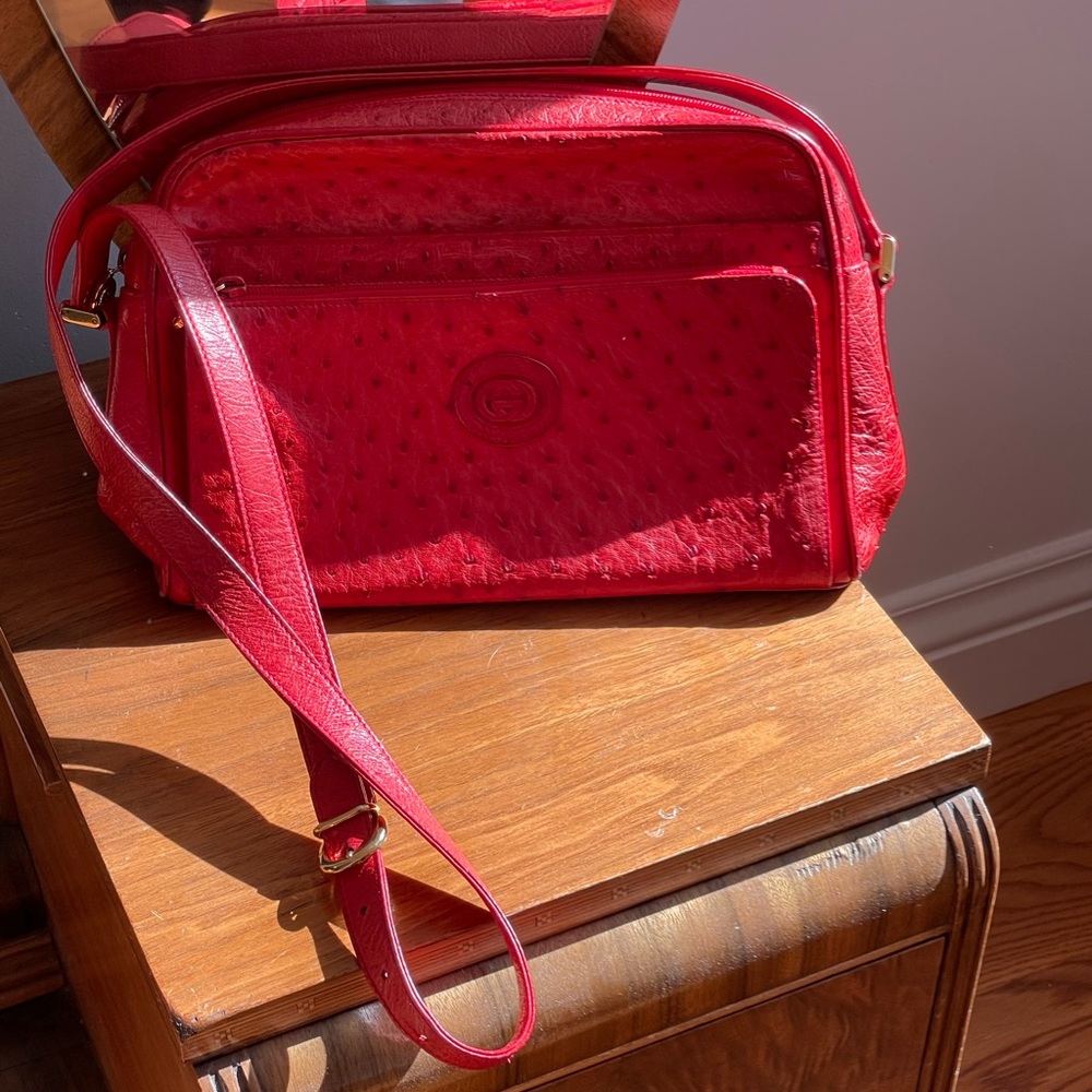 Vintage Rare Gucci Red Ostrich Leather Messanger Purse Shoulder Bag - Picture 10 of 15